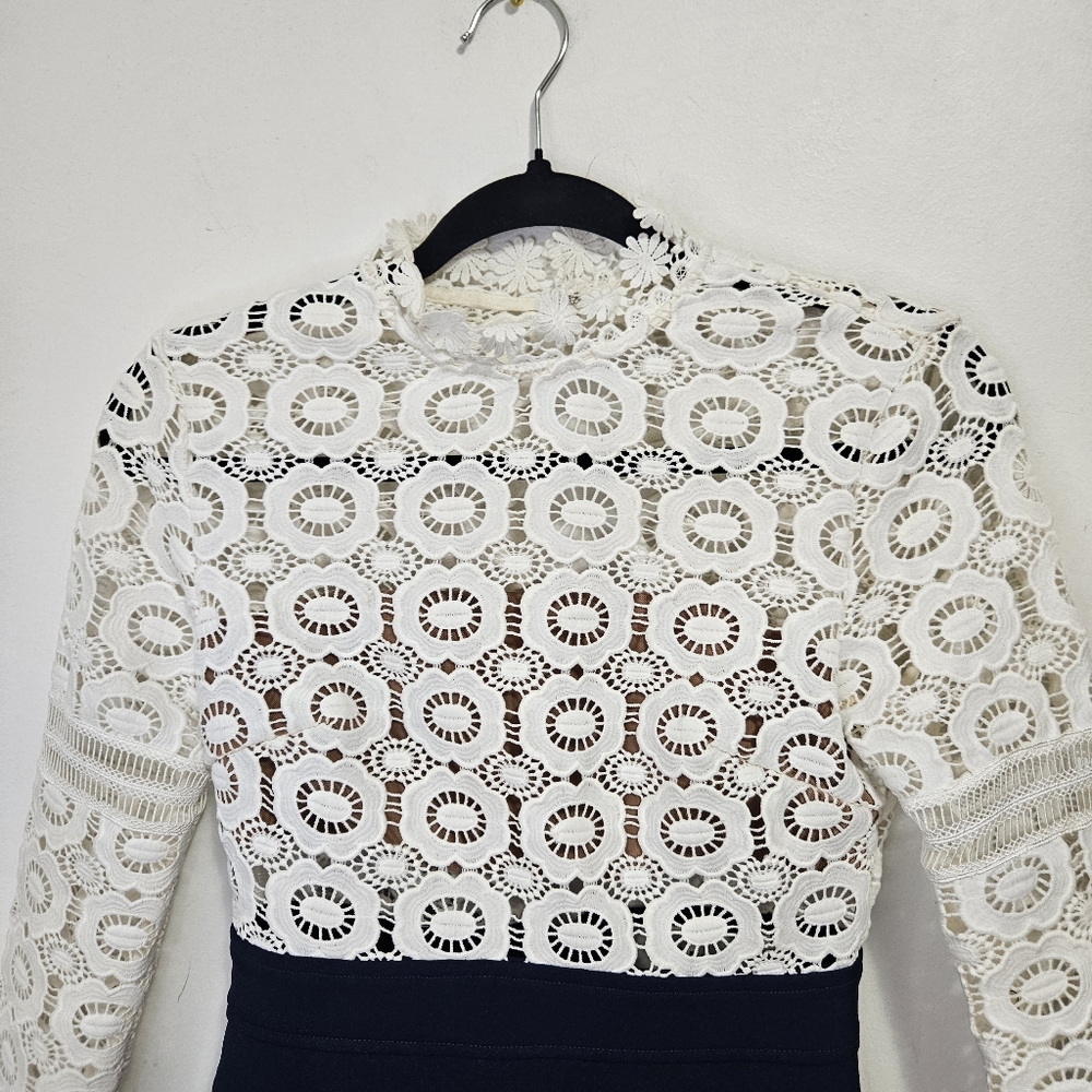 Self-Portrait White Guipure Lace A-Line Mini Dress Sz 2 White Navy Blue - Picture 3 of 13